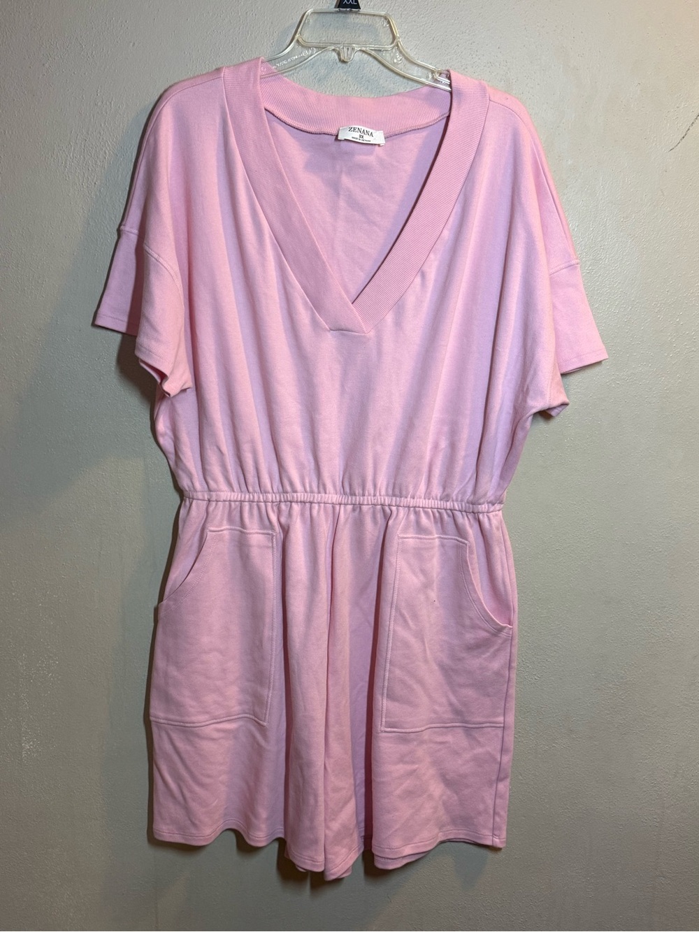 NWOT ZENANA Pink V-Neck Elastic Waist Pocket Romper Sz 2X
